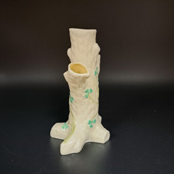 Belleek Irish Porcelain Shamrock Tree Stump Bud Vase Vintage Green Stamp - Picture 3 of 15